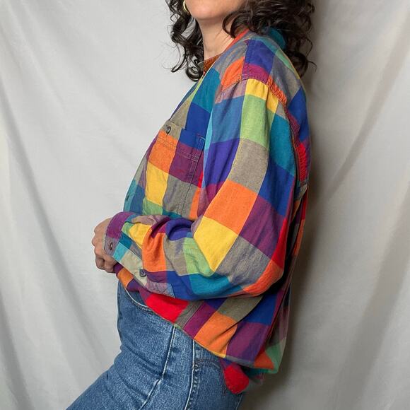 SOLD Vintage lizwear rainbow plaid checkered shirt long sleeve button-down M - Picture 14 of 17